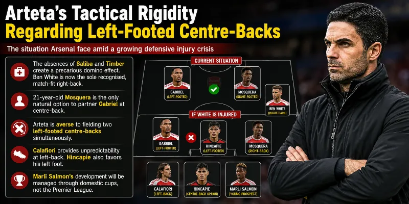 Analysis of Mikel Arteta's tactical rigidity concerning left-footed centre-backs at Arsenal and the domino effect of injuries on the defensive line.