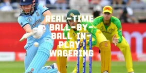 A visual representation of a dynamic sports betting interface featuring real-time, ball-by-ball in-play wagering options, live odds, and match statistics.