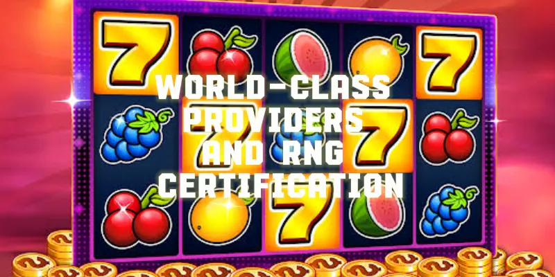 A visual showcase displaying logos of leading casino software providers alongside an official RNG certification seal, representing fair and verified gaming.